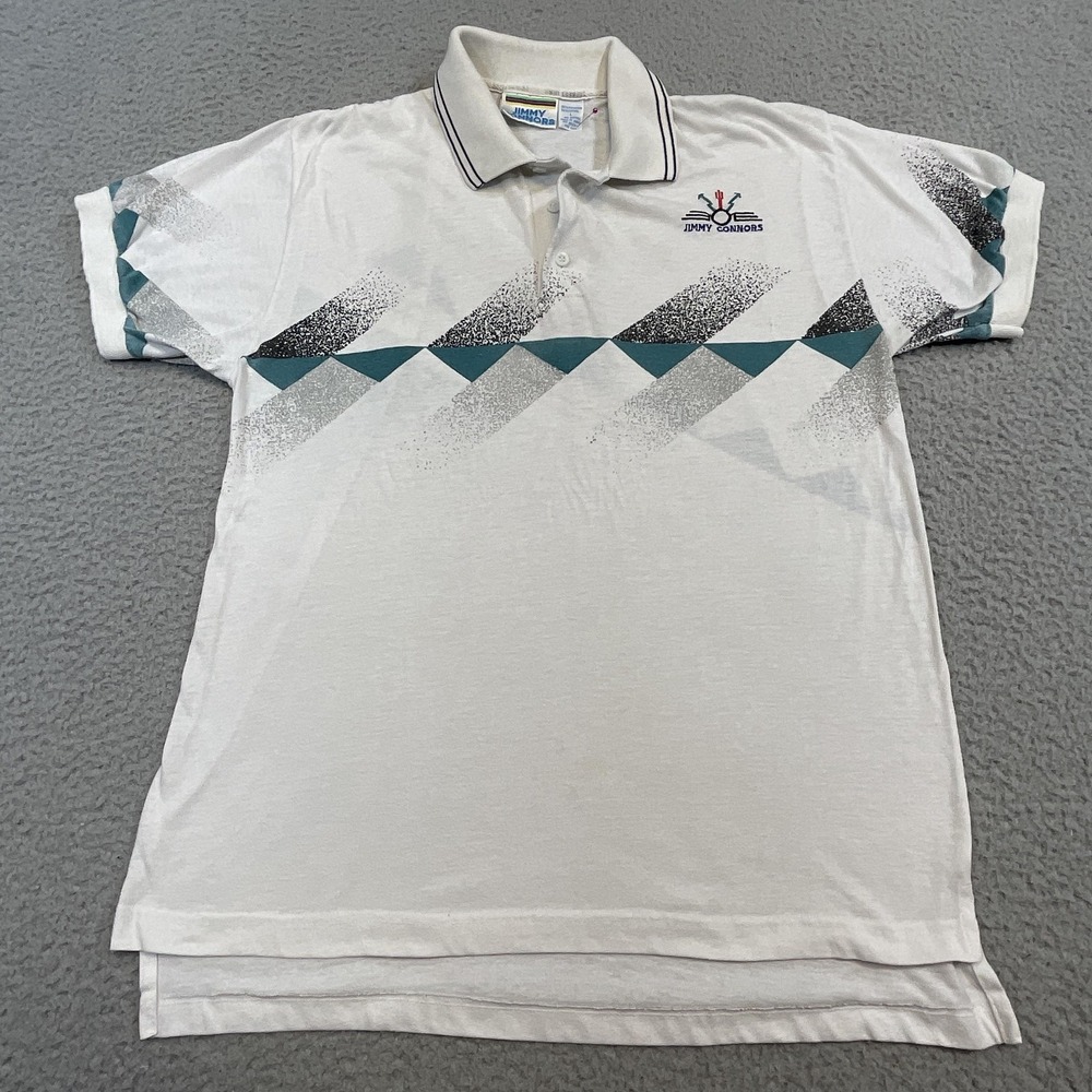 Jimmy‎ Connors Polo Shirt Mens L White Geometric Embroidered Tennis Performance